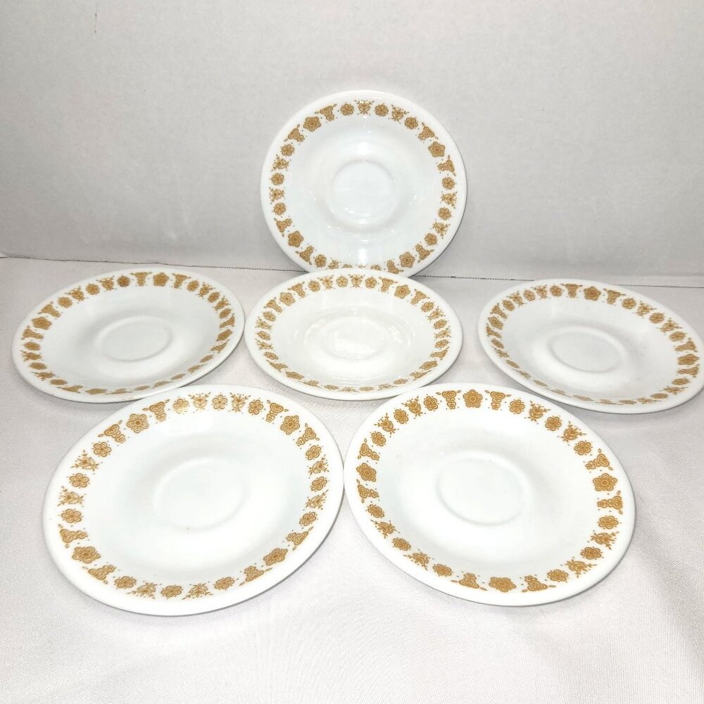 Set of 6 Corelle 1970's Butterfly Gold Teacup Saucers 6"